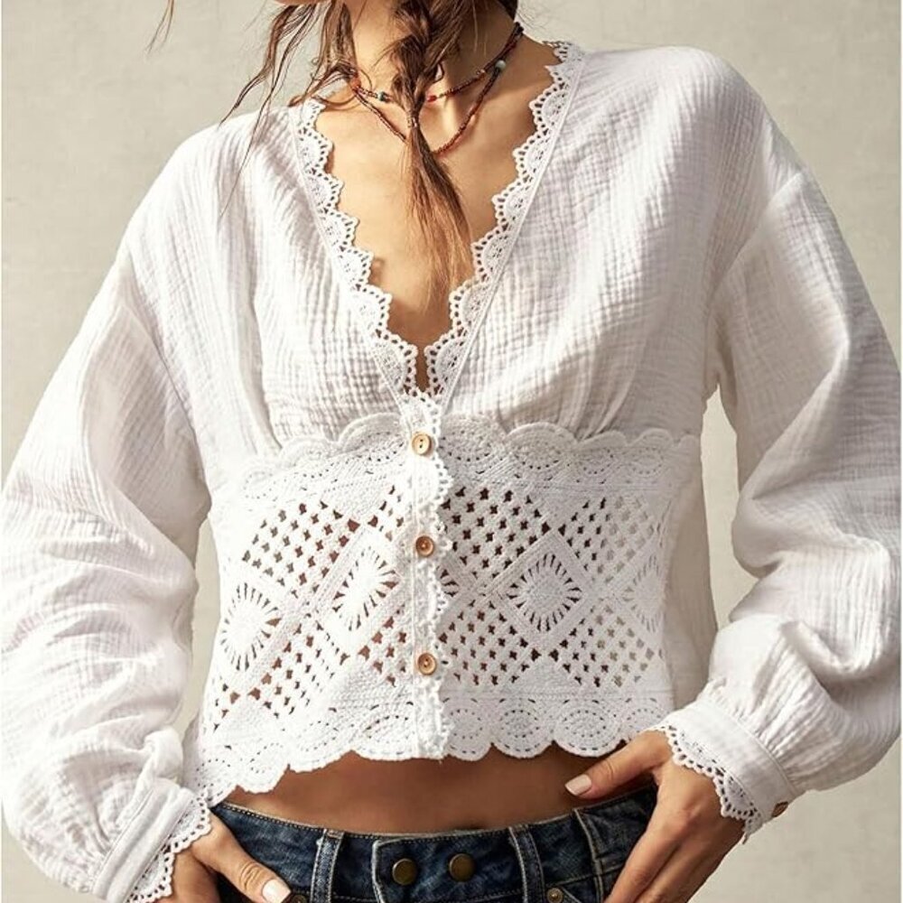 π€ Boho Lace Cotton Cropped Blouse | Size S | NWT - Picture 5 of 6